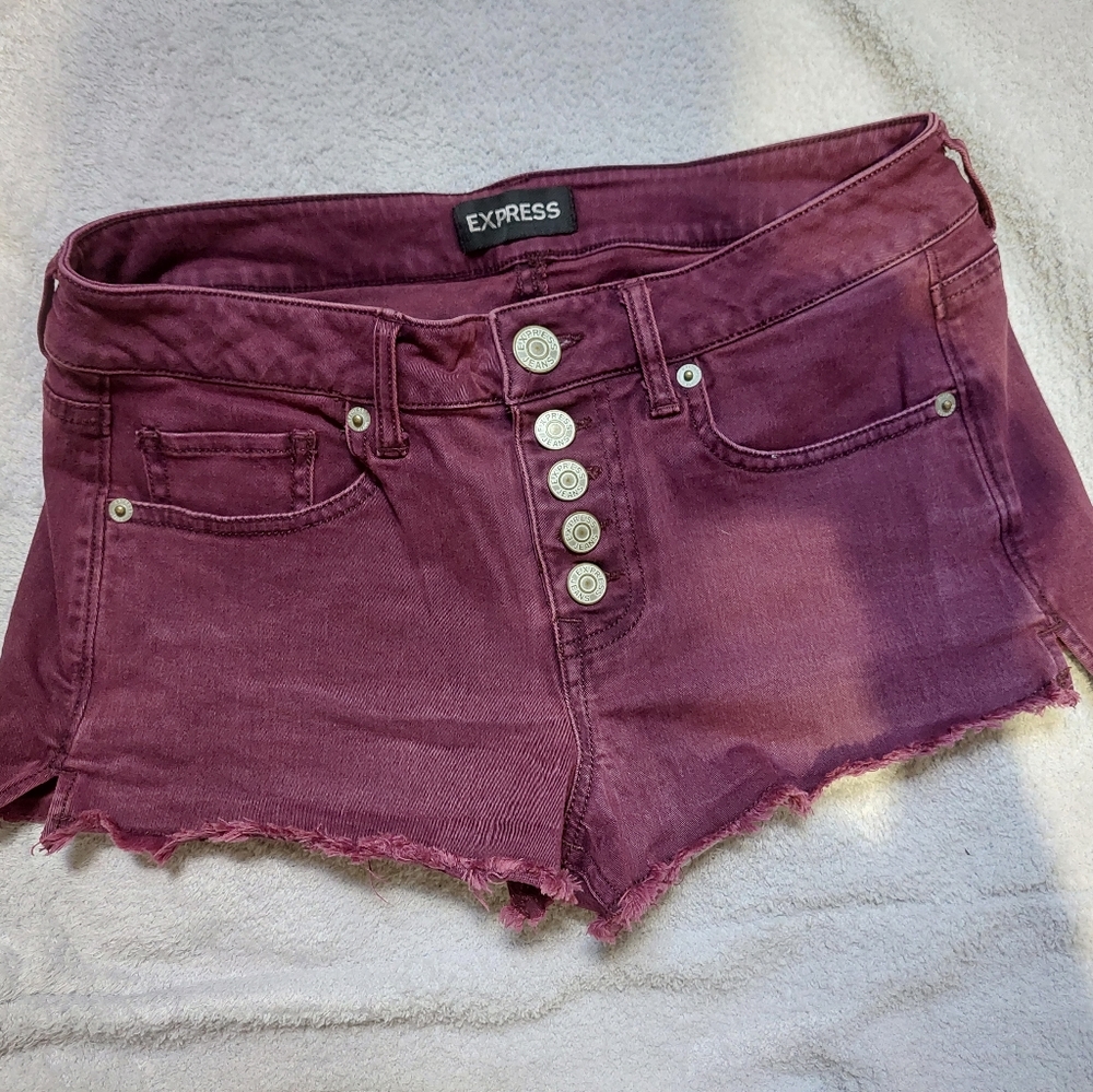 Express Shorts Womens 0 Shortie High Rise Cut Off Button Fly Gray puple Denim